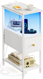 Fixwal Narrow Side Table with Charging Station and LED Light, Skinny Nightstand with 2 Fabric Drawers, Slim End Table for Bedroom, Dorm, Small Space, White