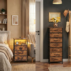 Rustic Nightstand & Tall Dresser Set, LED Nightstand with Charging Station, 10 Drawers
