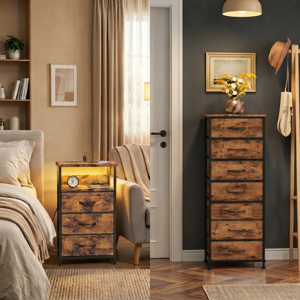 Rustic Nightstand & Tall Dresser Set, LED Nightstand with Charging Station, 10 Drawers
