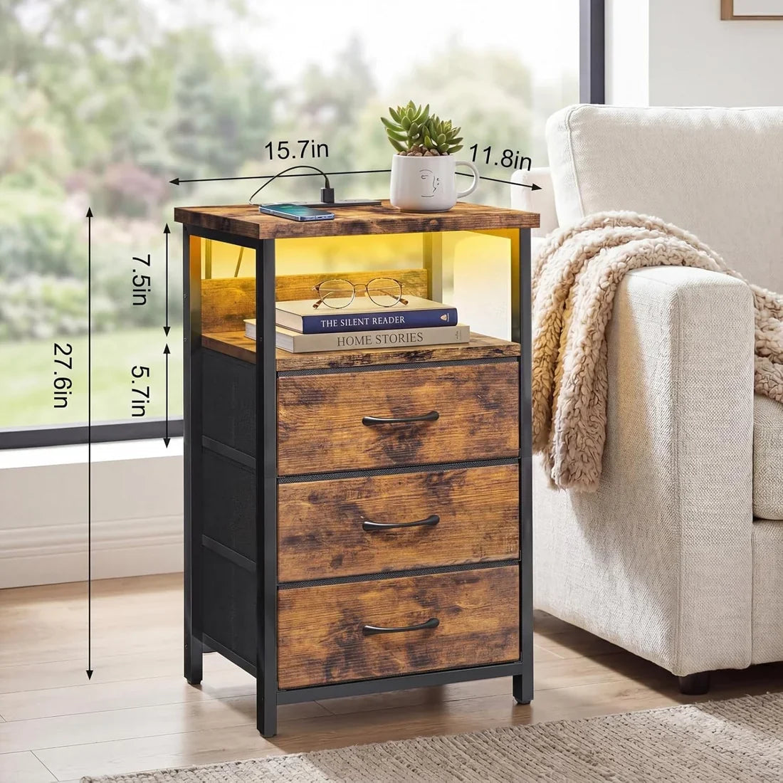 Rustic Nightstand & Tall Dresser Set, LED Nightstand with Charging Station, 10 Drawers