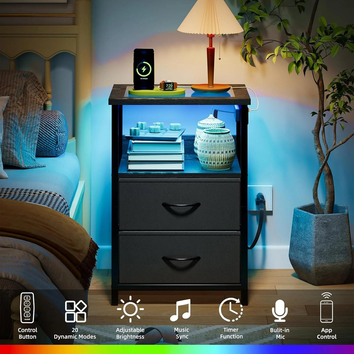 Fixwal 2 Drawers Night Stand with Glass Clear Desktop