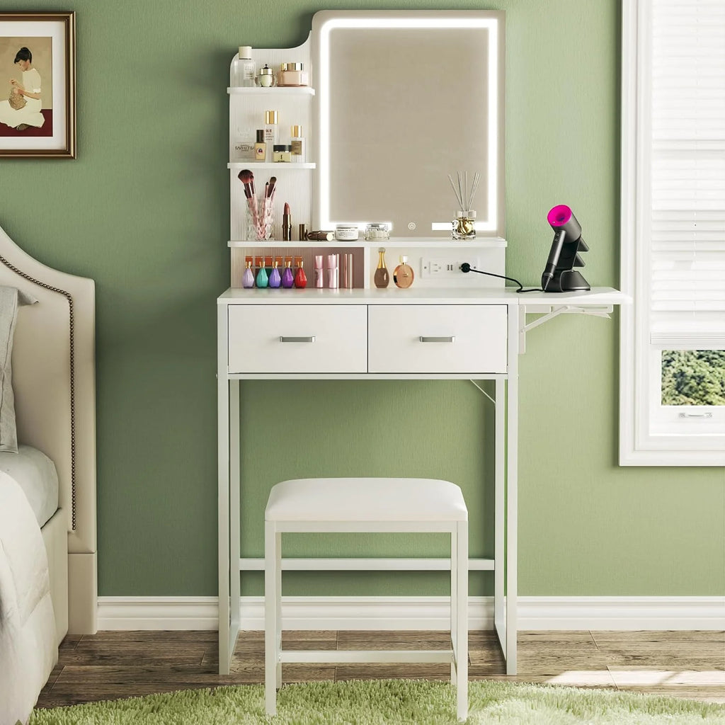 Fixwal Small Makeup Vanity Table with LED Mirror, 4 Drawers & Charging Station, White