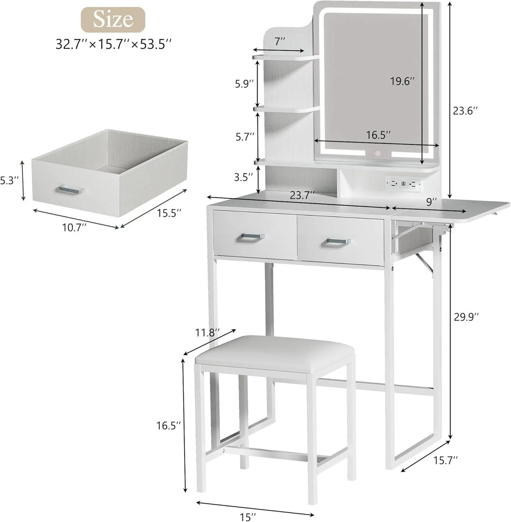 Fixwal Small Makeup Vanity Table with LED Mirror, 4 Drawers & Charging Station, White