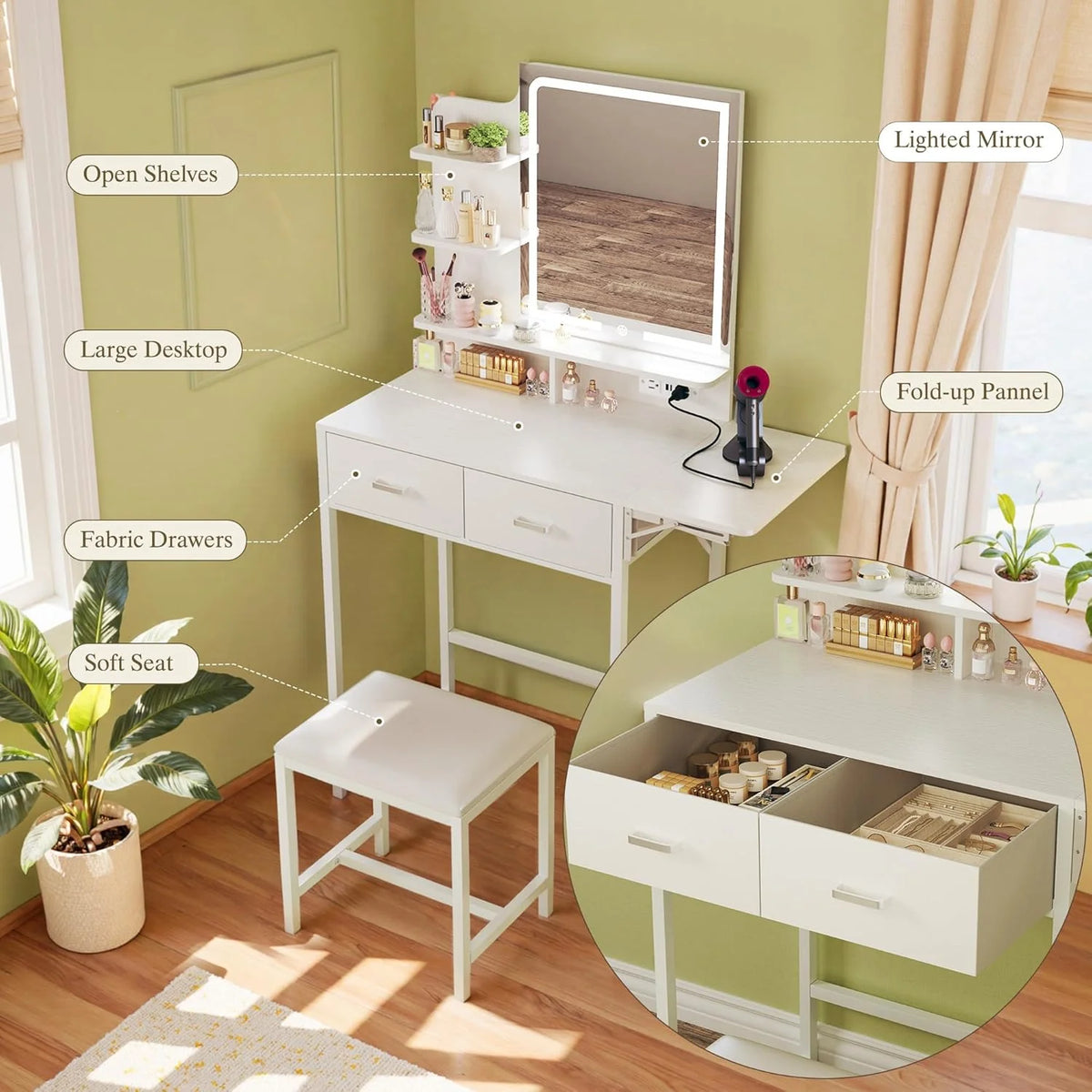 Fixwal Small Makeup Vanity Table with LED Mirror, 4 Drawers & Charging Station, White