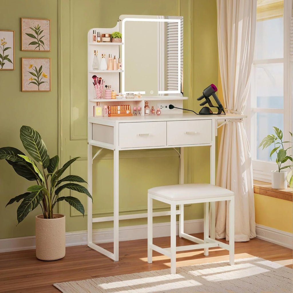 Fixwal Small Makeup Vanity Table with LED Mirror, 4 Drawers & Charging Station, White