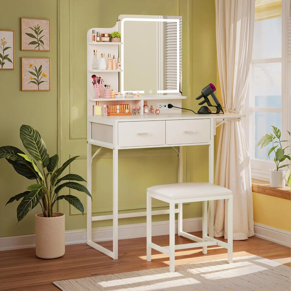 Fixwal Small Makeup Vanity Table with LED Mirror, 4 Drawers & Charging Station, White