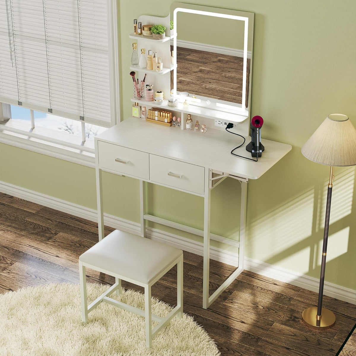 Fixwal Small Makeup Vanity Table with LED Mirror, 4 Drawers & Charging Station, White