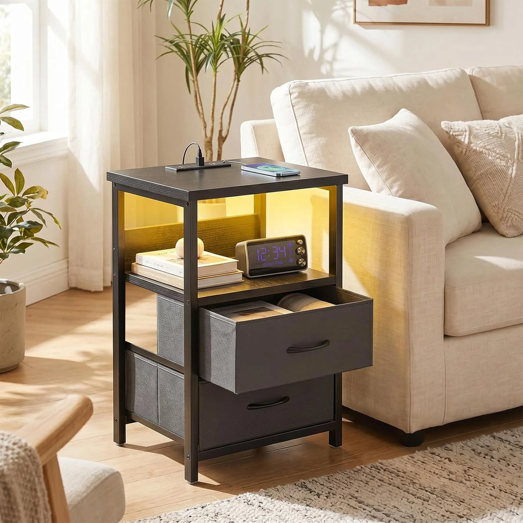 Black Nightstand Set of 2 with Charging Station, RGB LED & 2 Fabric Drawers