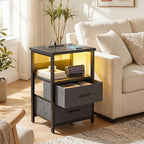Black Nightstand Set of 2 with Charging Station, RGB LED & 2 Fabric Drawers