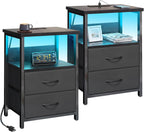 Black Nightstand Set of 2 with Charging Station, RGB LED & 2 Fabric Drawers