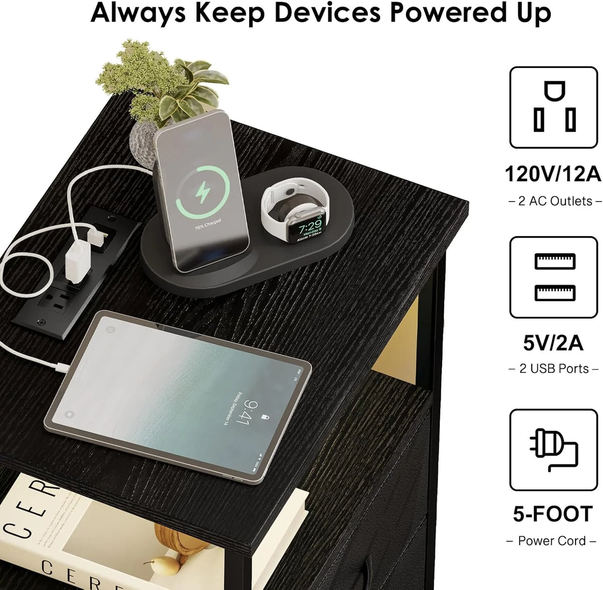 Black Nightstand Set of 2 with Charging Station, RGB LED & 2 Fabric Drawers