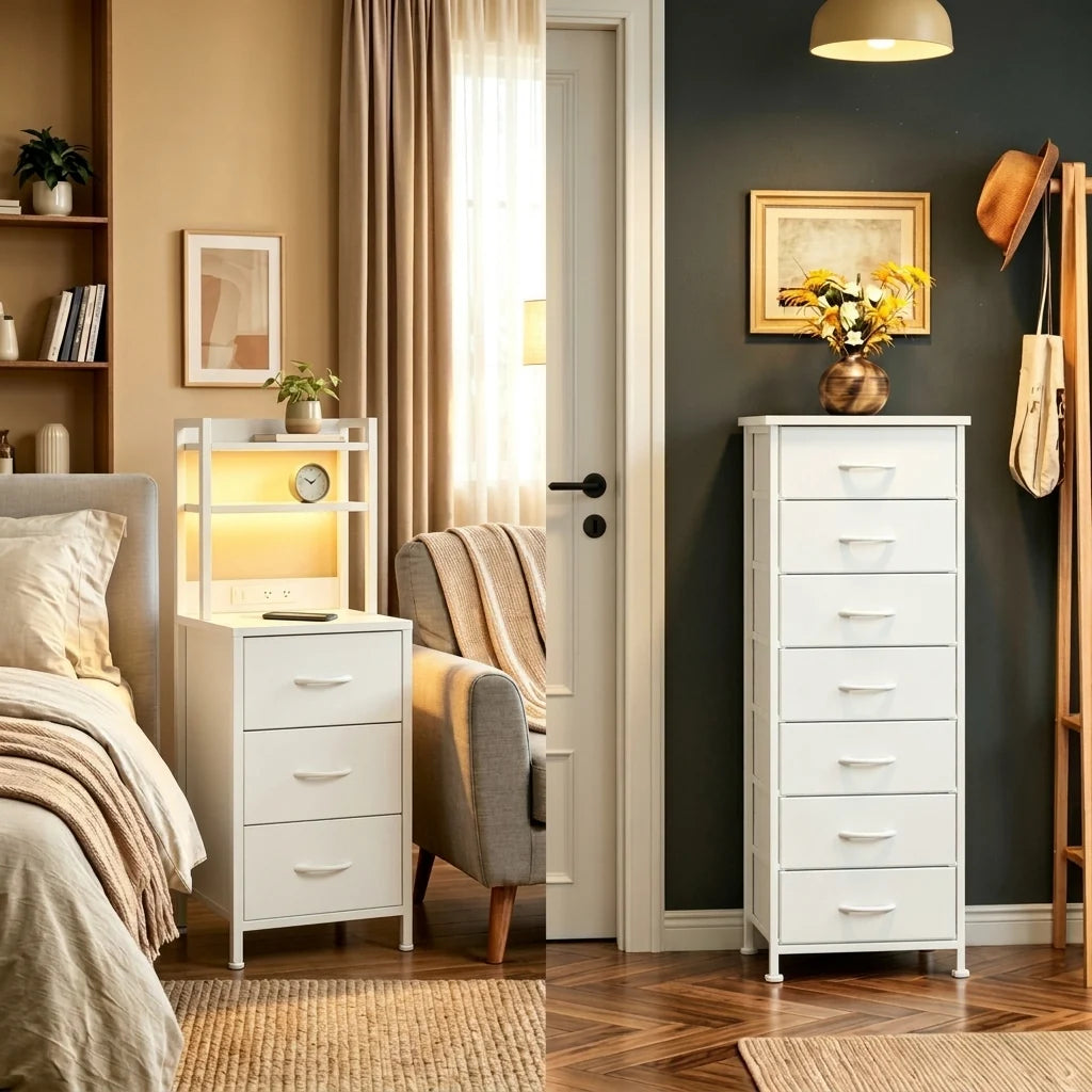 White Tall Nightstand & Dresser Set with Storage, LED & Charging Station
