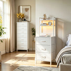 White Tall Nightstand & Dresser Set with Storage, LED & Charging Station