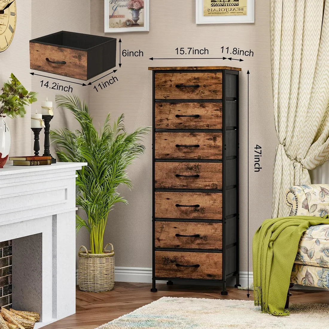 Rustic Nightstand & Tall Dresser Set, 10 Fabric Drawers, Charging Station, Bedroom Storage