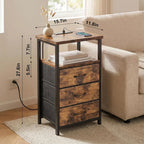 Rustic Nightstand & Tall Dresser Set, 10 Fabric Drawers, Charging Station, Bedroom Storage
