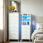 White Nightstand & Dresser Set, 47 Inch Tall LED Nightstand, 10 Drawers