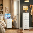 White Nightstand & Dresser Set, 47 Inch Tall LED Nightstand, 10 Drawers