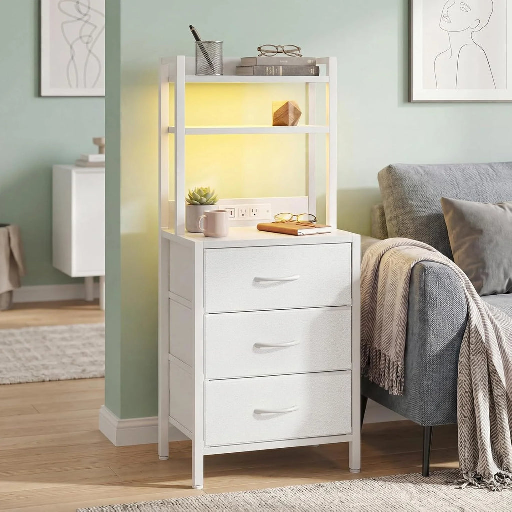 Tall White Nightstand with Charging Station, 3 Fabric Drawers, RGB LED & Bookshelf,White