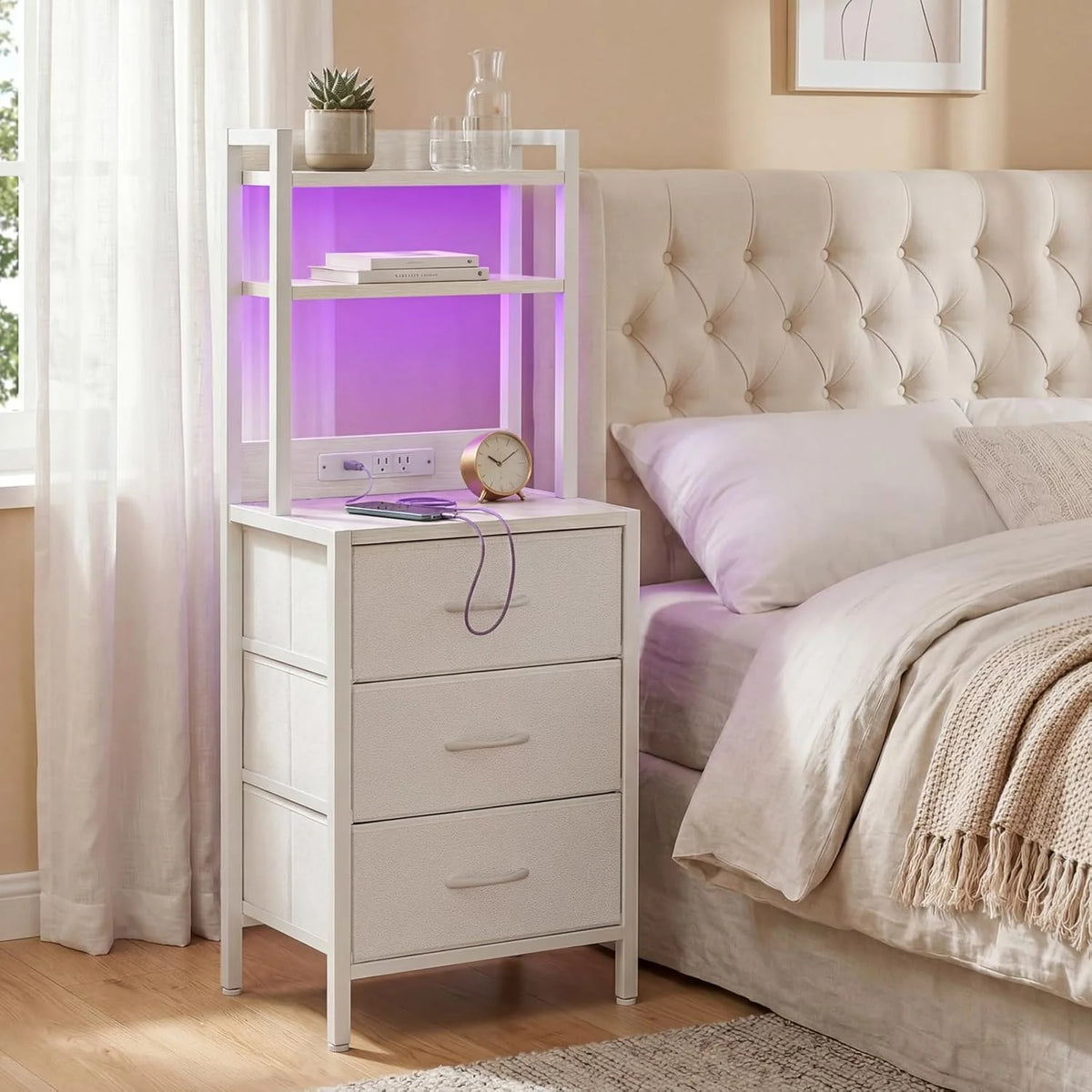 Tall White Nightstand with Charging Station, 3 Fabric Drawers, RGB LED & Bookshelf,White