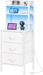 Tall White Nightstand with Charging Station, 3 Fabric Drawers, RGB LED & Bookshelf,White