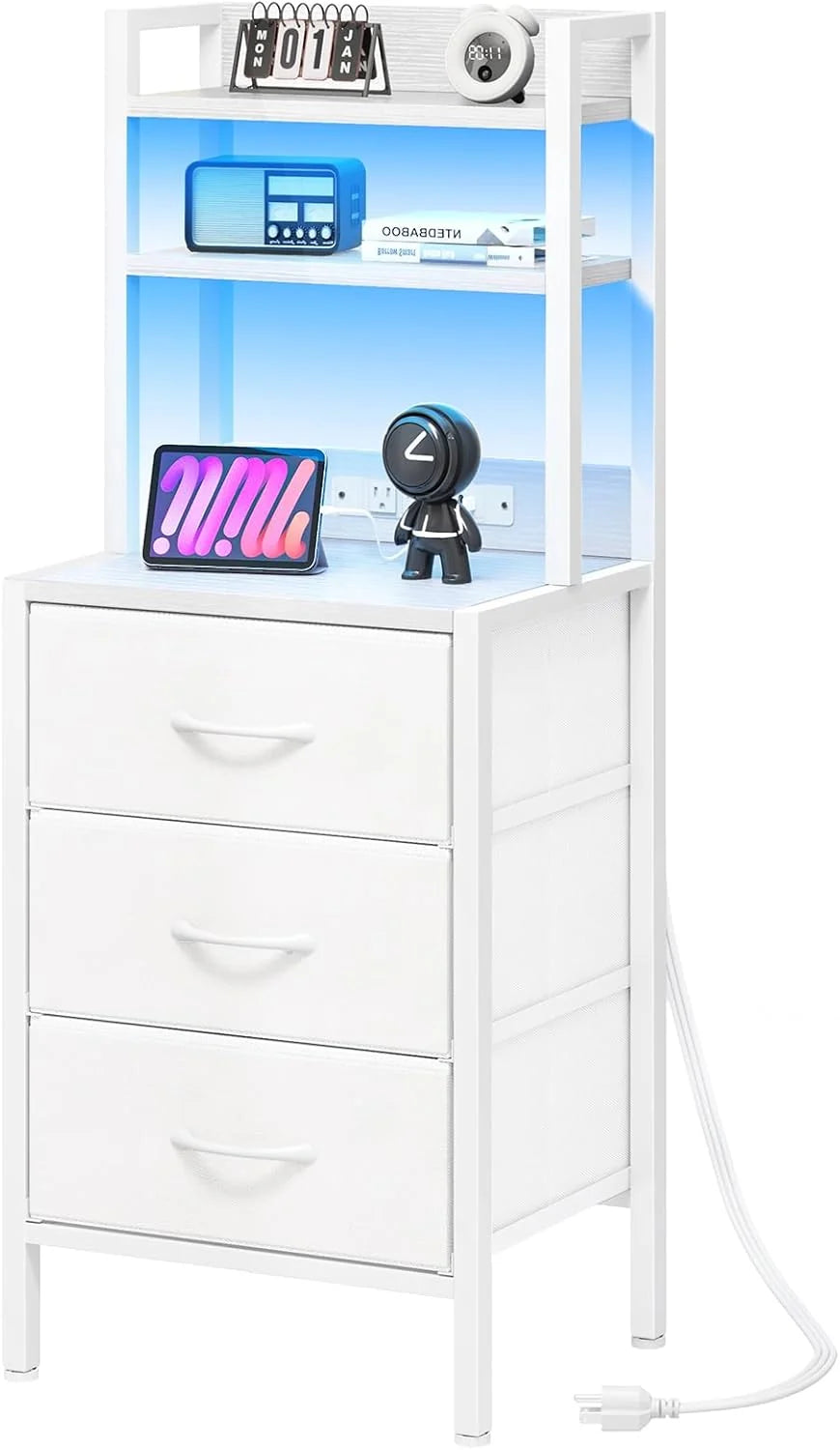 Tall White Nightstand with Charging Station, 3 Fabric Drawers, RGB LED & Bookshelf,White