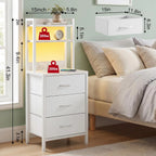 Tall White Nightstand with Charging Station, 3 Fabric Drawers, RGB LED & Bookshelf,White
