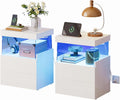Fixwal LED Night Stand Set of 2, White Morden Night Stand with Charging Station, Decor for Bedroom, End Table with 2 Wood Drawers, Beside Table