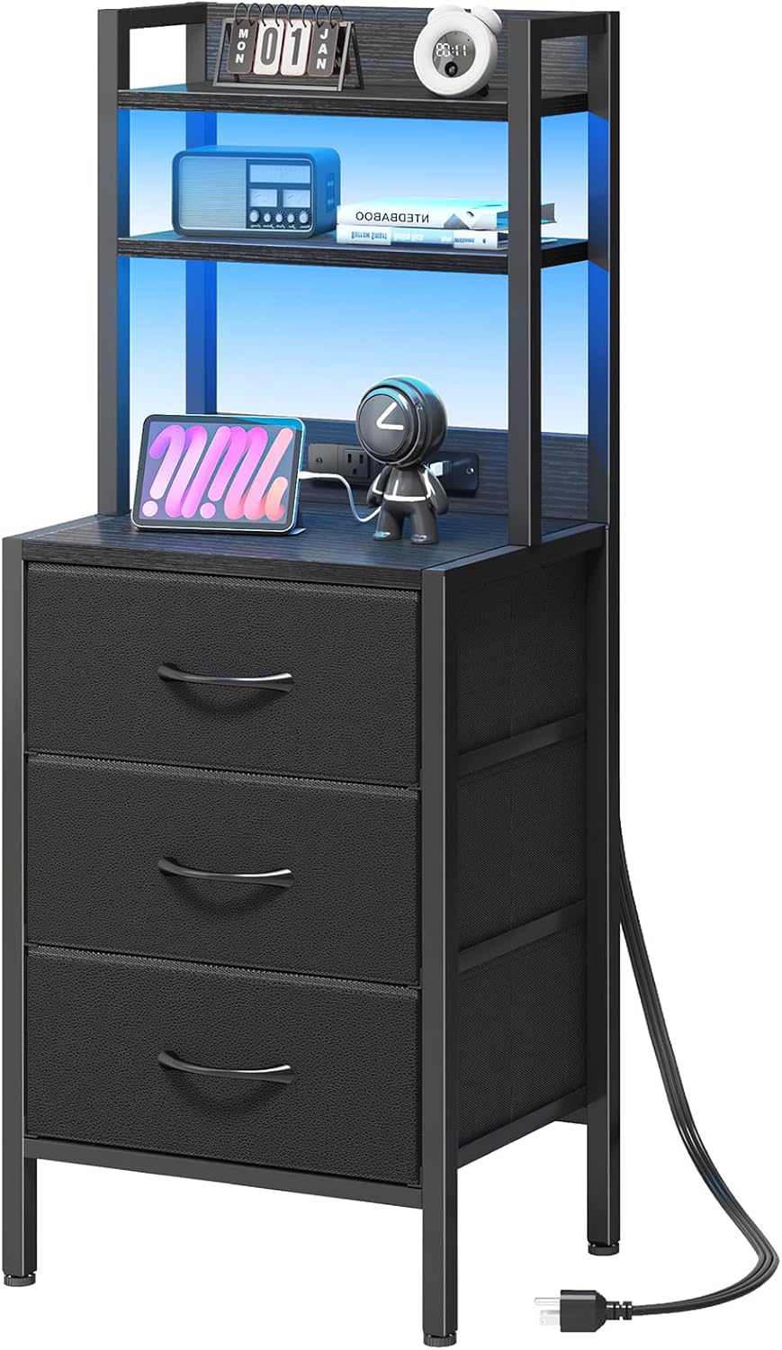 41 Inch Tall Nightstand with Charging Station, 3 Fabric Drawers, LED Lights & Open Shelves, Black