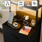 41 Inch Tall Nightstand with Charging Station, 3 Fabric Drawers, LED Lights & Open Shelves, Black