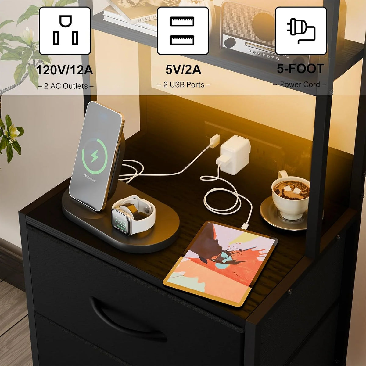 41 Inch Tall Nightstand with Charging Station, 3 Fabric Drawers, LED Lights & Open Shelves, Black