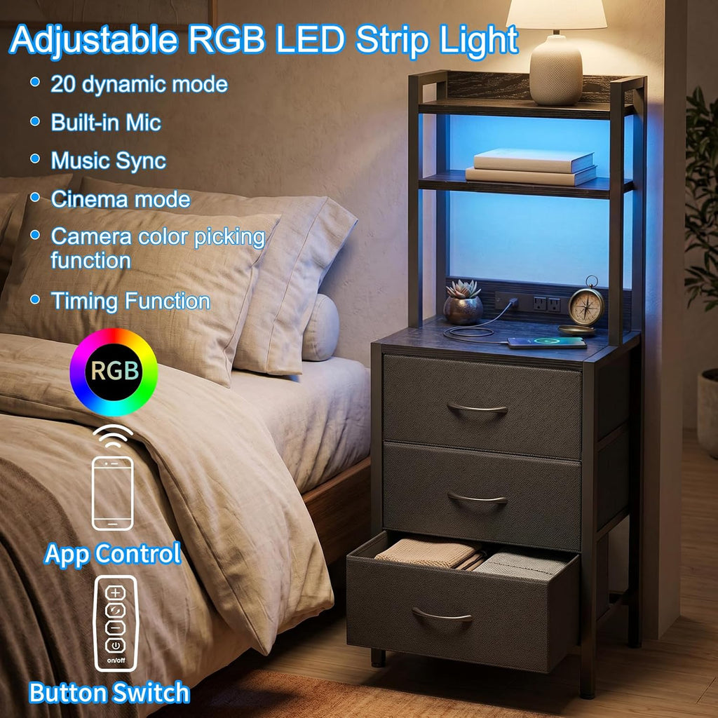 41 Inch Tall Nightstand with Charging Station, 3 Fabric Drawers, LED Lights & Open Shelves, Black