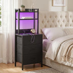 41 Inch Tall Nightstand with Charging Station, 3 Fabric Drawers, LED Lights & Open Shelves, Black