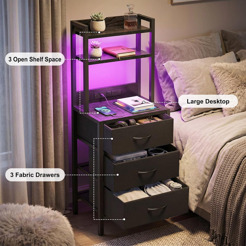 41 Inch Tall Nightstand with Charging Station, 3 Fabric Drawers, LED Lights & Open Shelves, Black