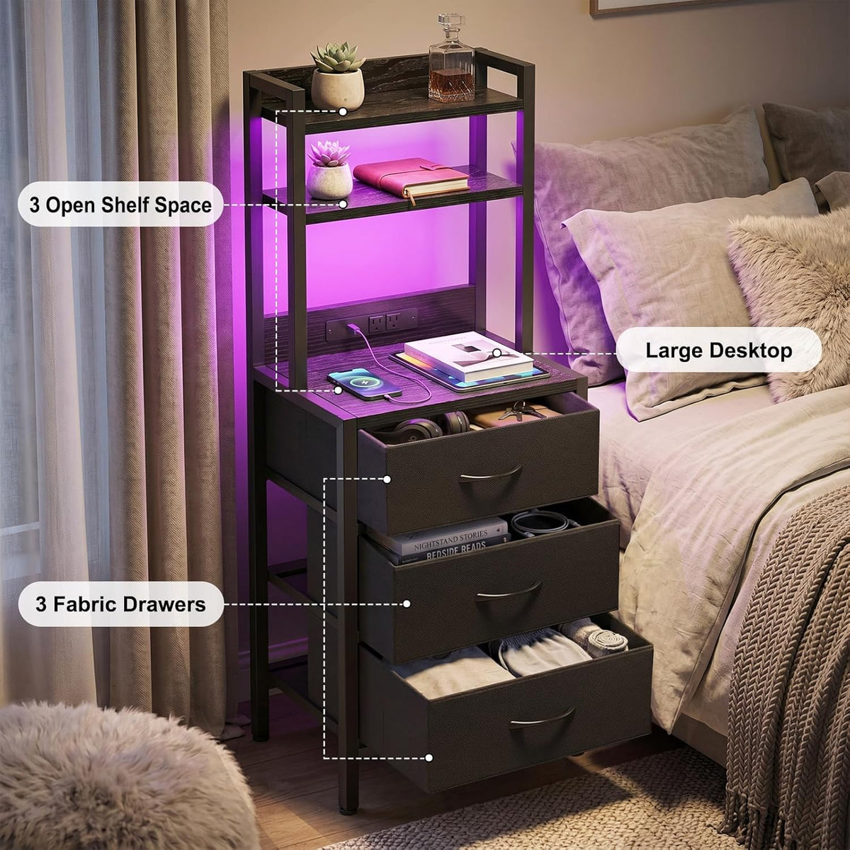 41 Inch Tall Nightstand with Charging Station, 3 Fabric Drawers, LED Lights & Open Shelves, Black