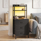 41 Inch Tall Nightstand with Charging Station, 3 Fabric Drawers, LED Lights & Open Shelves, Black