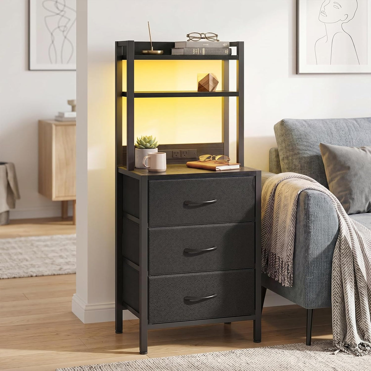 41 Inch Tall Nightstand with Charging Station, 3 Fabric Drawers, LED Lights & Open Shelves, Black