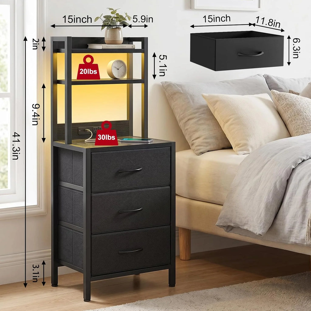 41 Inch Tall Nightstand with Charging Station, 3 Fabric Drawers, LED Lights & Open Shelves, Black