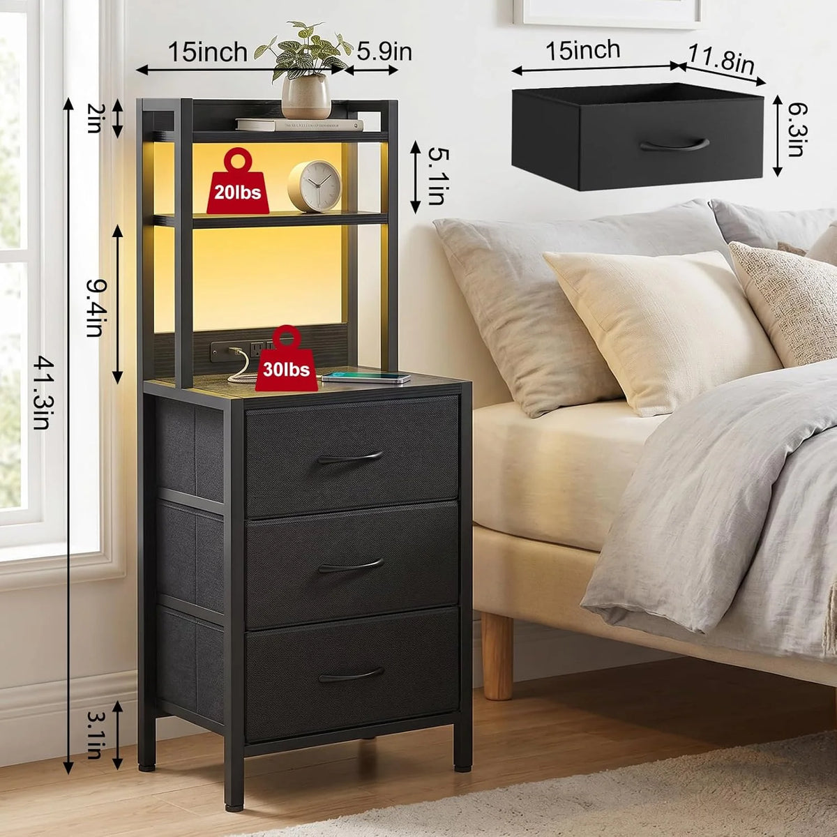 41 Inch Tall Nightstand with Charging Station, 3 Fabric Drawers, LED Lights & Open Shelves, Black