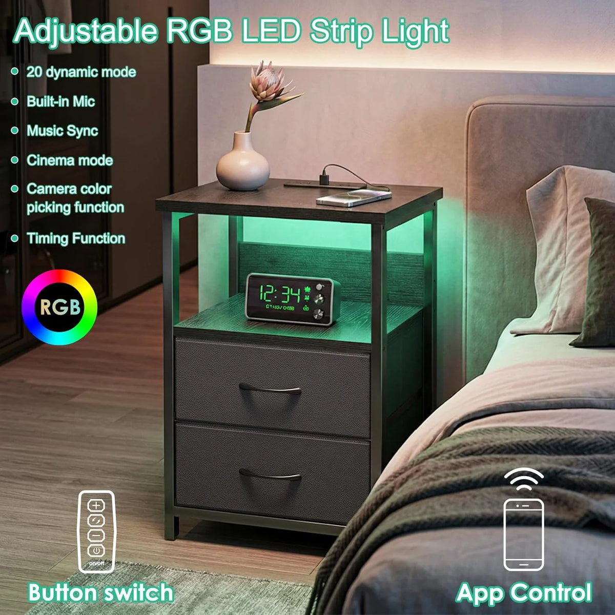 Black LED Nightstand with Charging Station, 2 Fabric Drawers & Open Shelves
