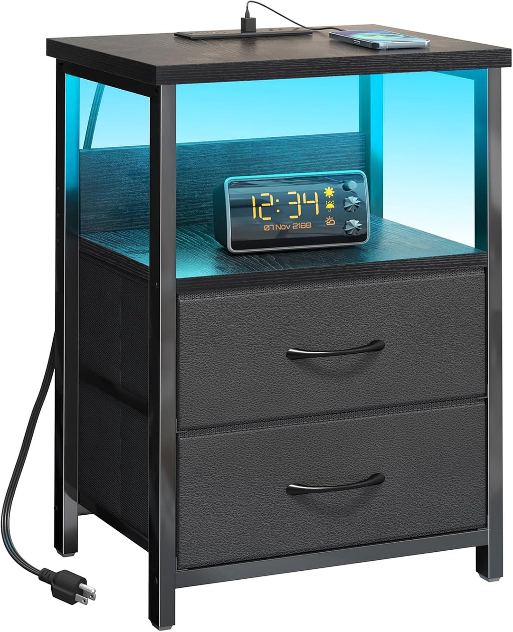 Black LED Nightstand with Charging Station, 2 Fabric Drawers & Open Shelves