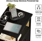 Black LED Nightstand with Charging Station, 2 Fabric Drawers & Open Shelves