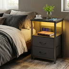 Black LED Nightstand with Charging Station, 2 Fabric Drawers & Open Shelves