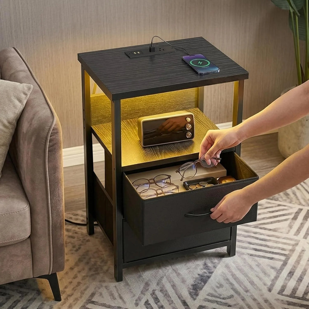 Black LED Nightstand with Charging Station, 2 Fabric Drawers & Open Shelves