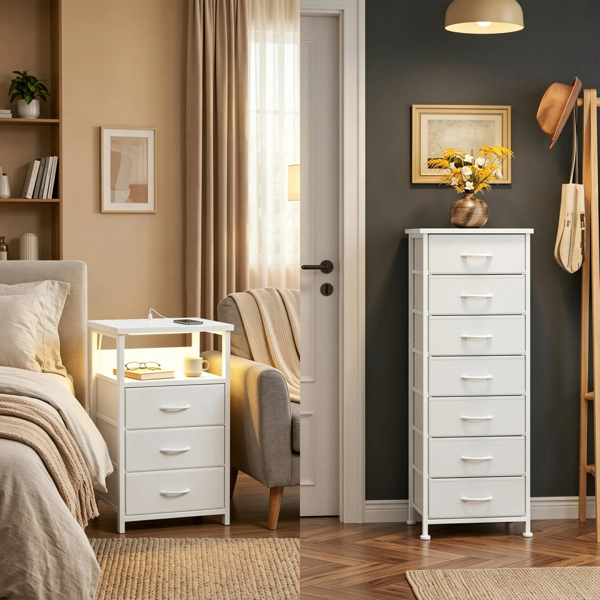 White Nightstand & Dresser Set with Storage, LED & Charging Station