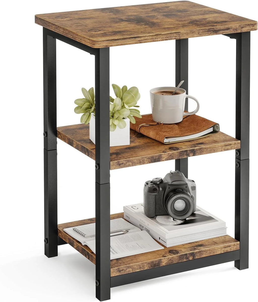 Rustic Brown Nightstand with Charging Station, 2 Fabric Drawers & Open Shelves