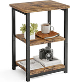 Rustic Brown Nightstand with Charging Station, 2 Fabric Drawers & Open Shelves