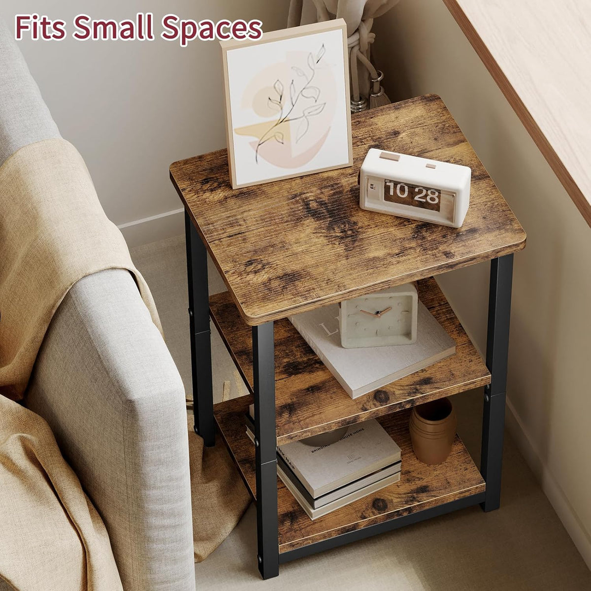 Rustic Brown Nightstand with Charging Station, 2 Fabric Drawers & Open Shelves