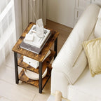 Rustic Brown Nightstand with Charging Station, 2 Fabric Drawers & Open Shelves