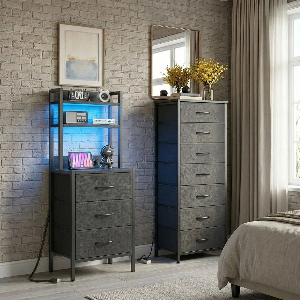 Black Tall Nightstand & Dresser Set, LED Nightstand with Charging Station, 10 Drawers