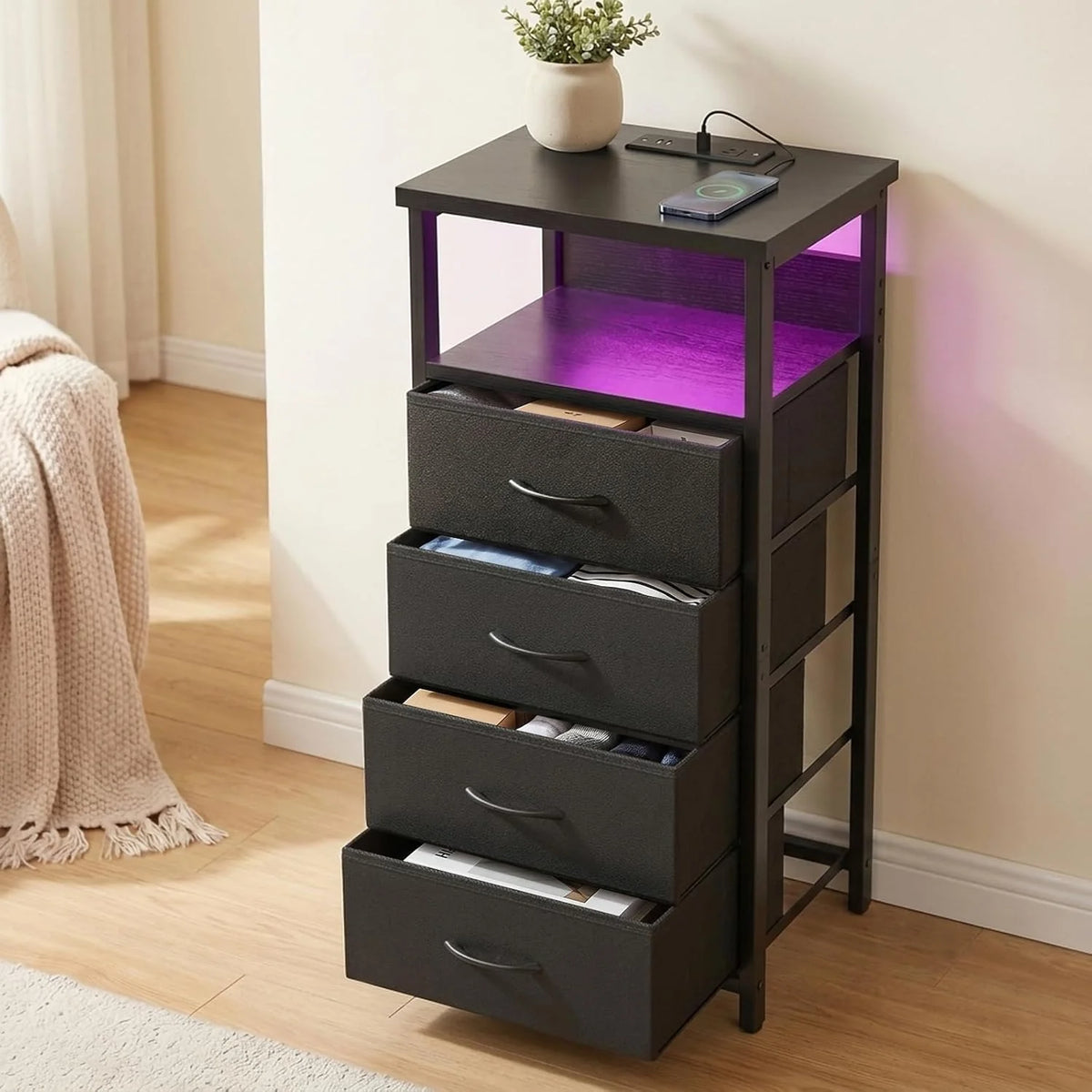 Black Tall Nightstand with Charging Station, 4 Fabric Drawers, RGB LED & Open Shelves